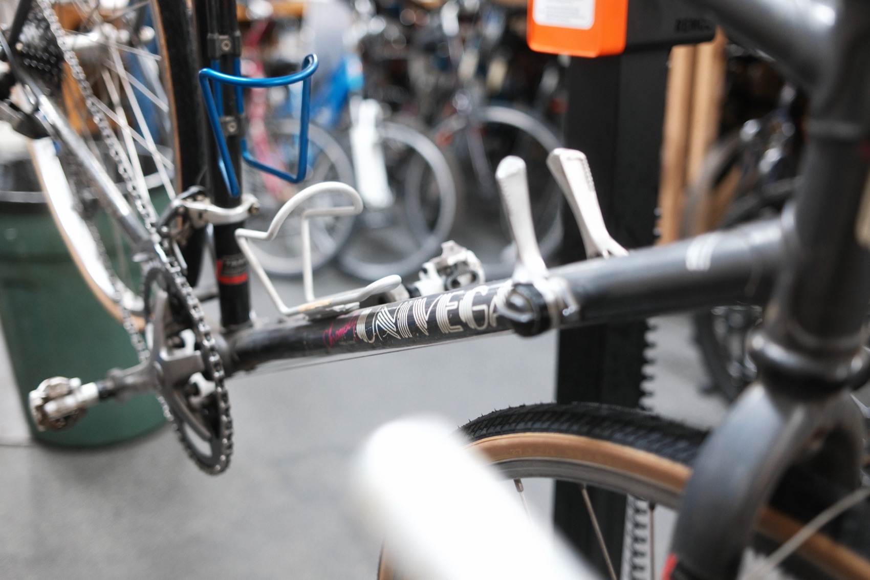 Bike secured in a repair stand in the workshop